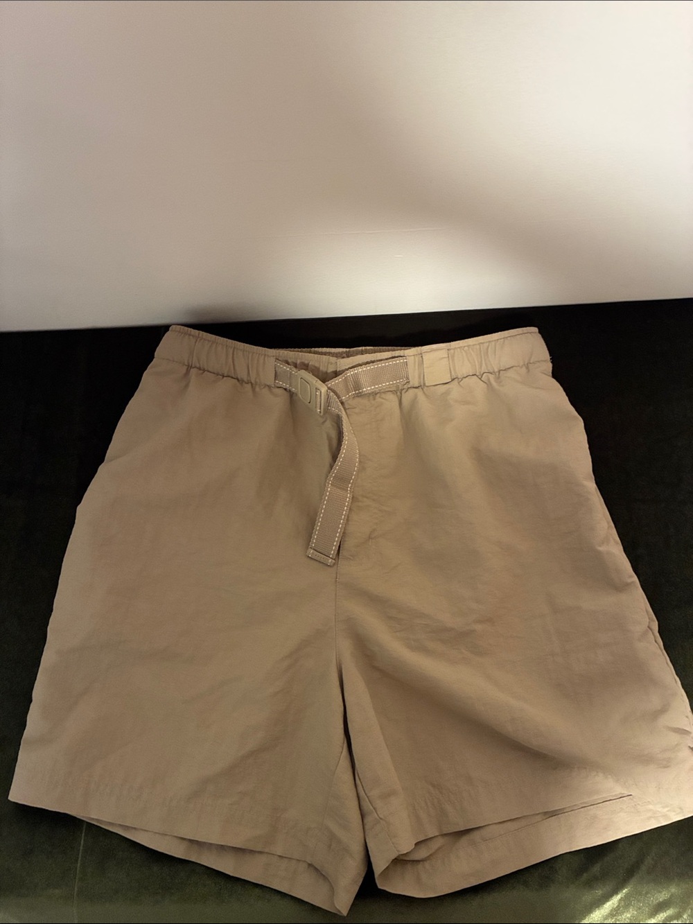 Light Khaki Elastic Waist Shorts with Built-In Webbing Belt
